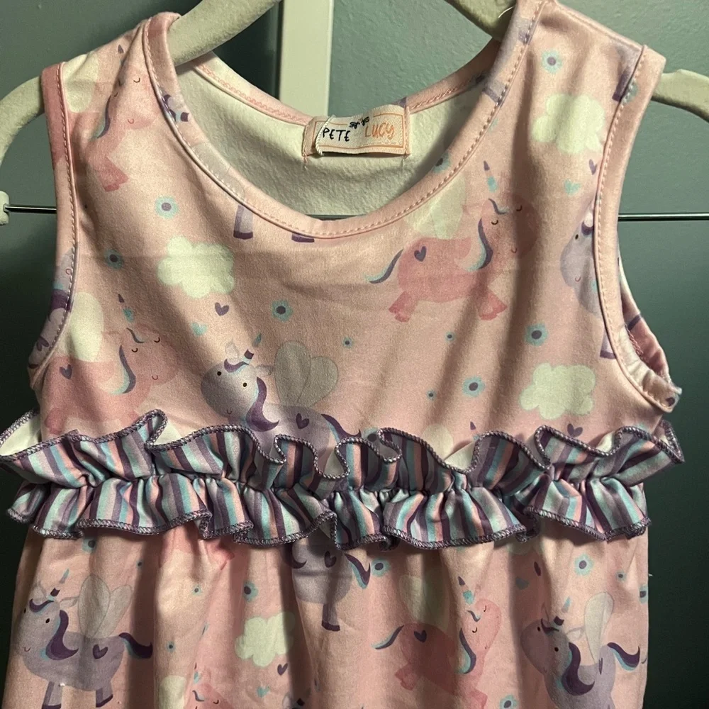 Pete and Lucy Pink and Purple Unicorn Ruffle Tank Top and Striped Capri Set. NWT